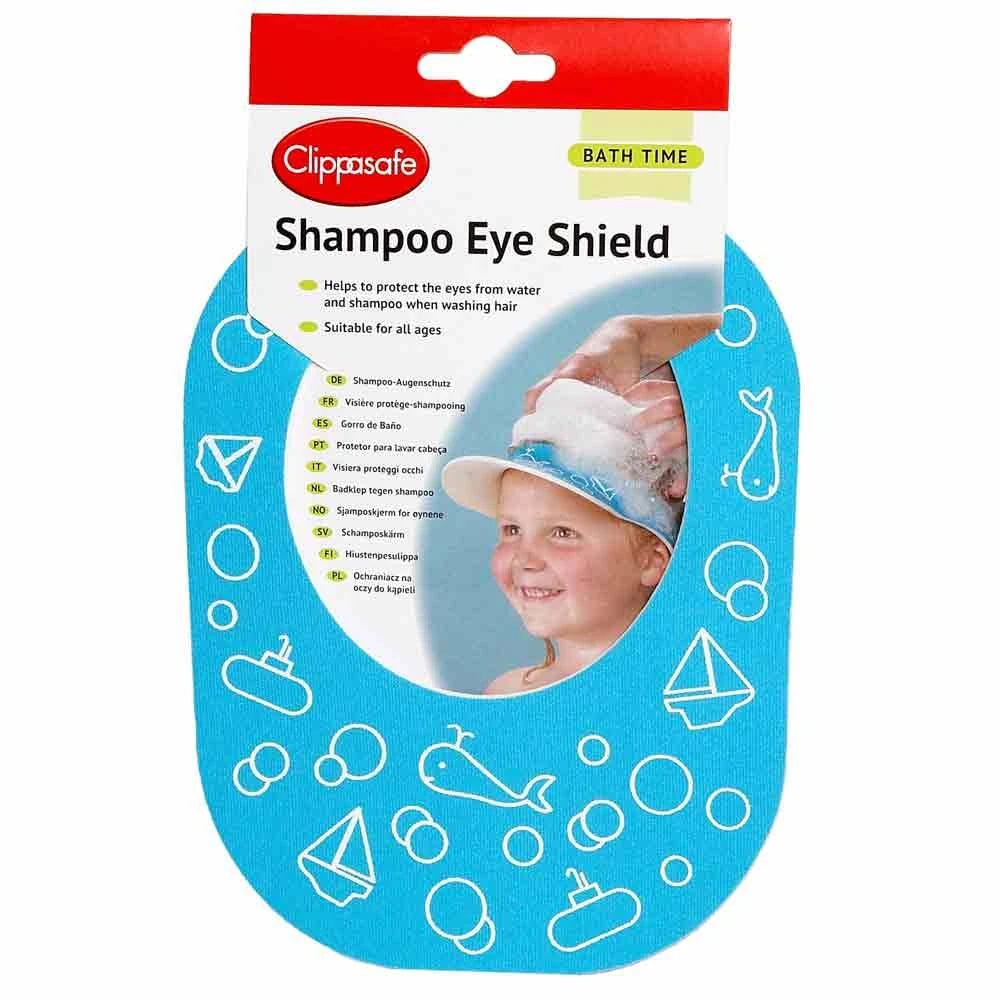 Clippasafe Shampoo Eye Shield packaging displaying blue neoprene eye shield with white bath themed icons and hanging card backing