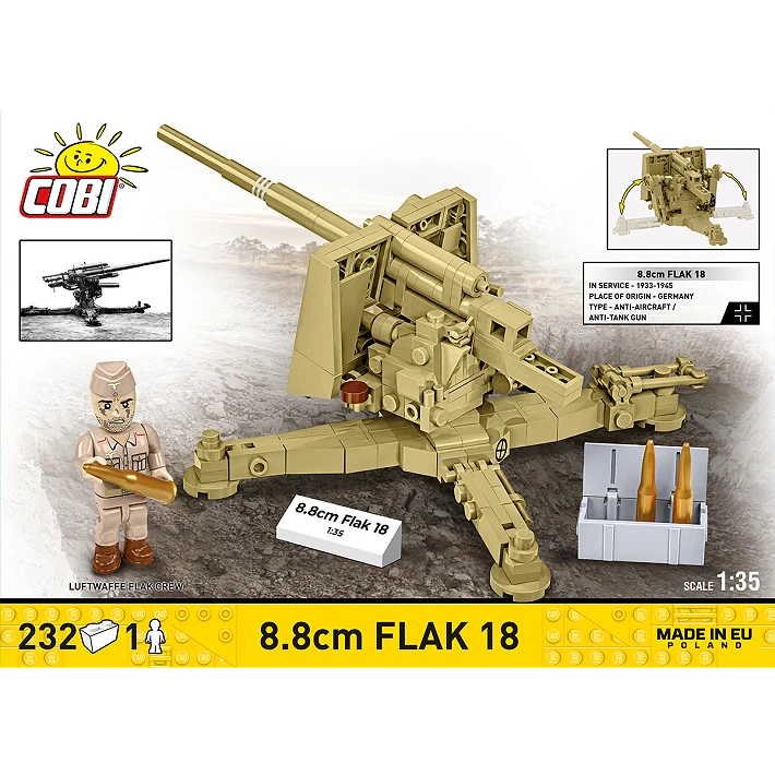 COBI 8.8 cm Flak 18 232 piece building set back panel showing the artillery model, figure, shells, ammunition crate and dimensions