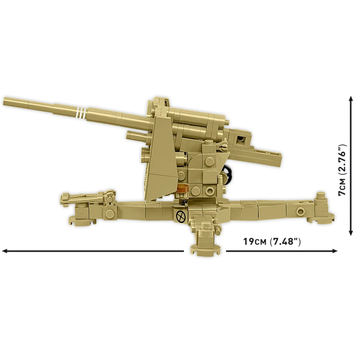 Side view of the tan COBI 8.8 cm Flak 18 model showing 19 cm length and 7 cm height