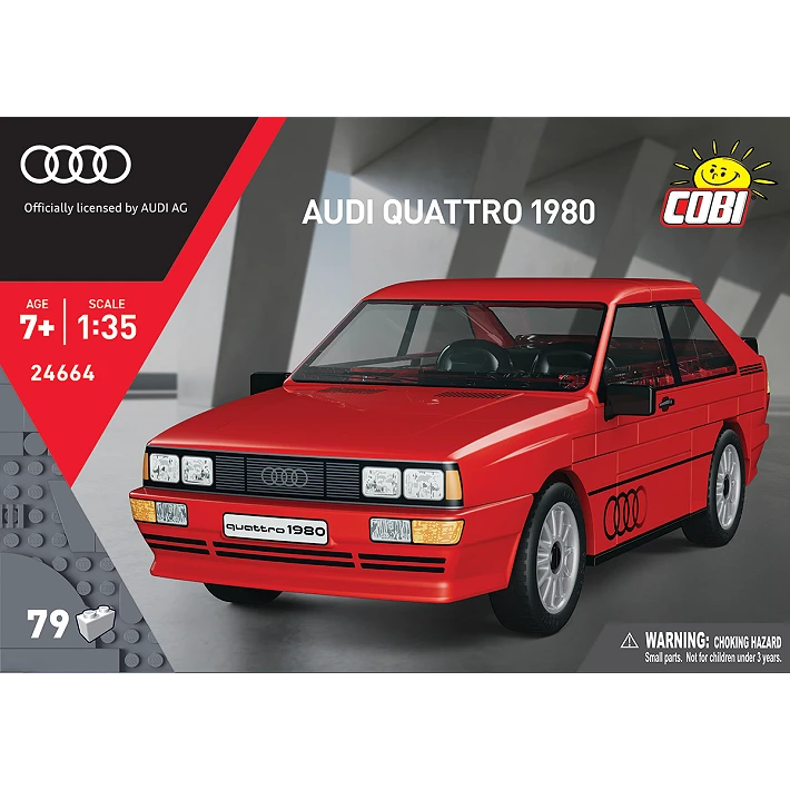 Front of the COBI Audi quattro 1980 building set box showing the red car model and 79 piece count