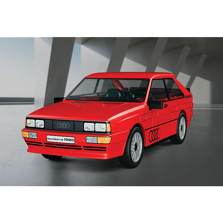 Red COBI Audi quattro 1980 building block model displayed in a modern indoor setting