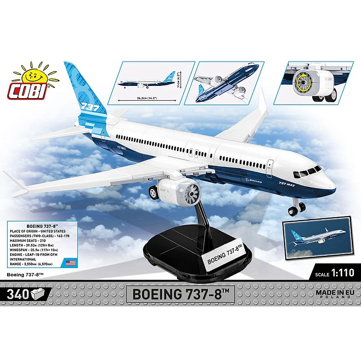 Back panel artwork for the COBI Boeing 737-8 340 piece building set with aircraft model, display stand and feature images