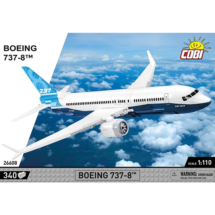 Front panel artwork for the COBI Boeing 737-8 340 piece building set with aircraft above clouds