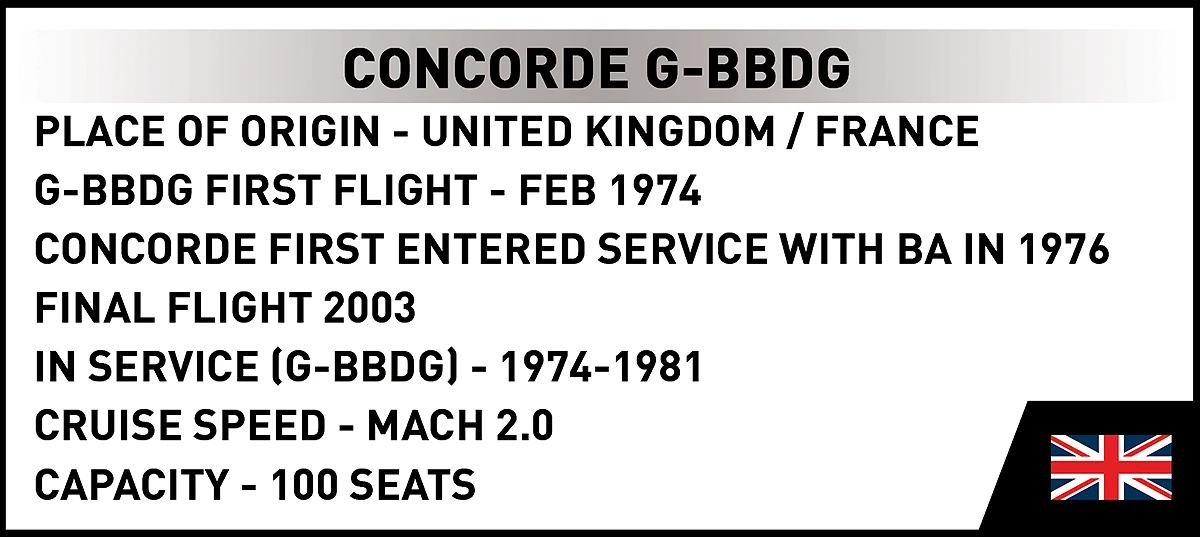 COBI Concorde G-BBDG information plaque listing its origin, service dates, cruise speed and seating capacity