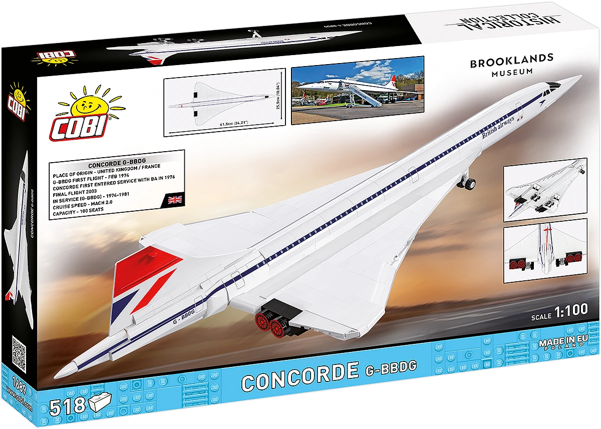 Back of the COBI Concorde G-BBDG box showing model images, dimensions and aircraft information