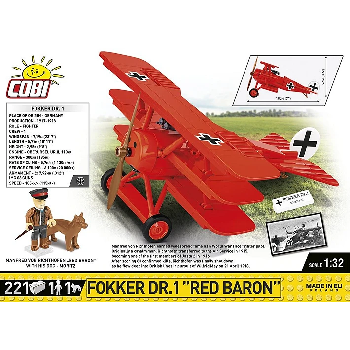 COBI Fokker Dr.1 Red Baron 221 piece building set back panel showing the triplane, pilot figure, dog figure and model dimensions