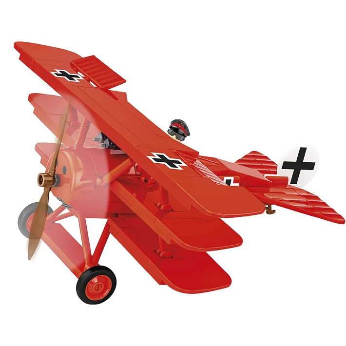 Close view of the red COBI Fokker Dr.1 Red Baron triplane model from the front and side