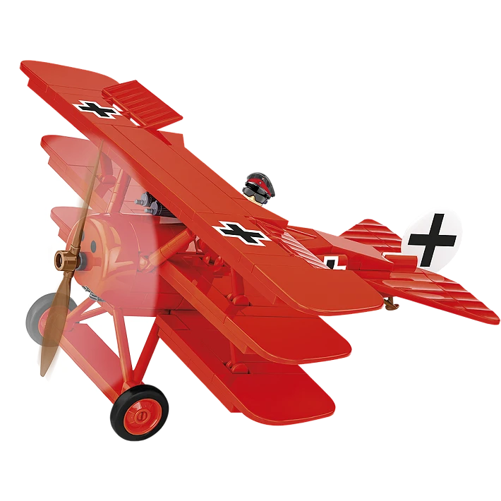 Red COBI Fokker Dr.1 Red Baron triplane model shown from the front and side