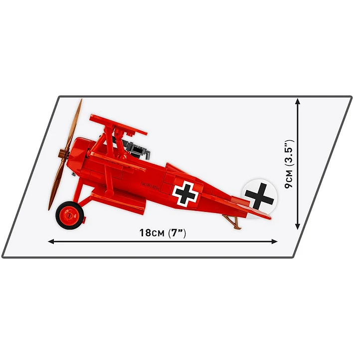Side view of the COBI Fokker Dr.1 Red Baron model showing 18 cm length and 9 cm height