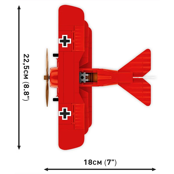 Top view of the COBI Fokker Dr.1 Red Baron model showing 18 cm length and 22.5 cm wingspan