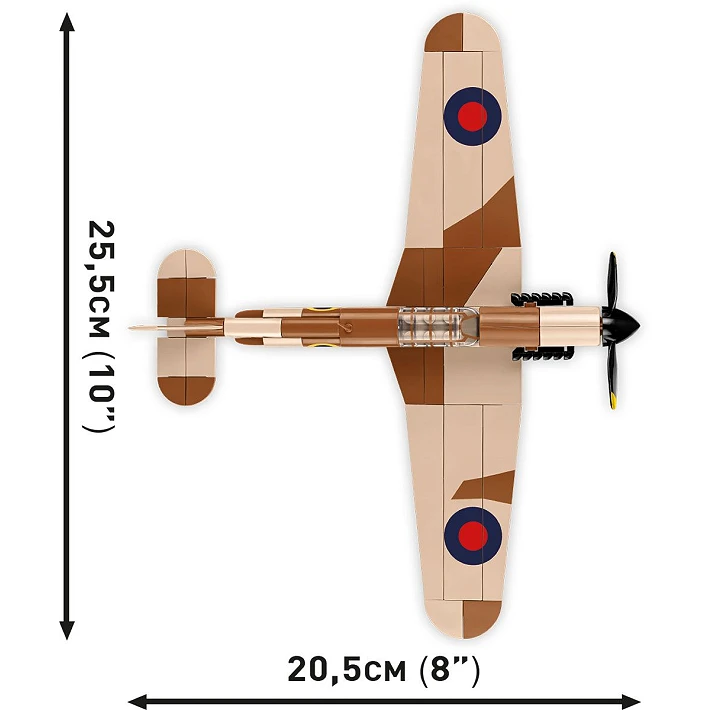 Top view of the COBI Hawker Hurricane Mk. I model showing 25.5 cm wingspan and 20.5 cm length