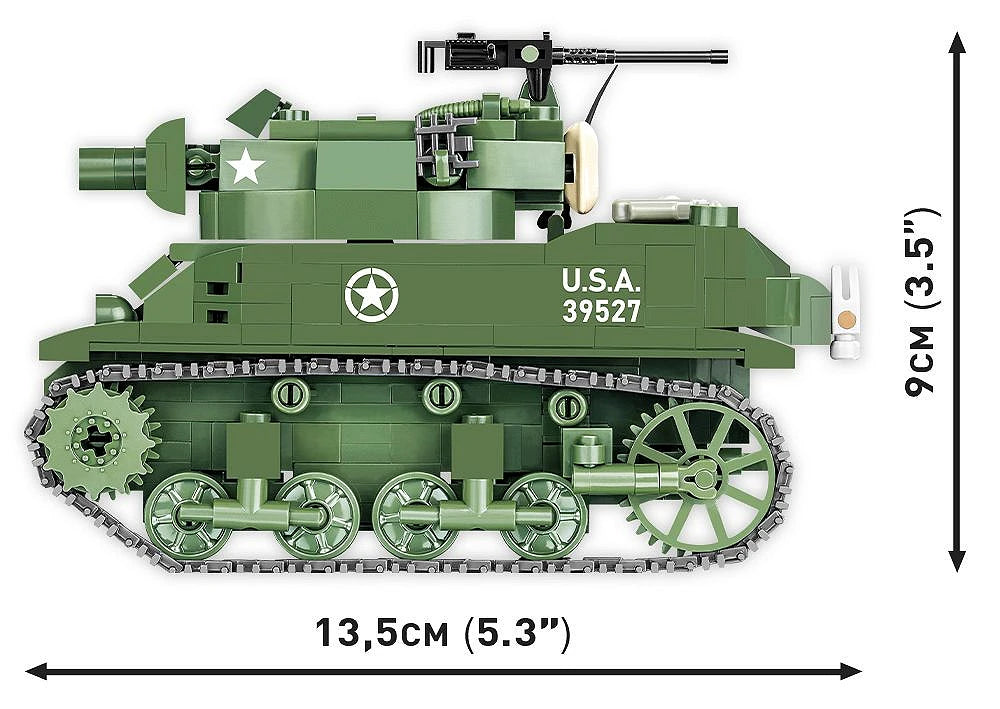 Side view of COBI H.M.C M8 Scott model showing 13.5 cm length and 9 cm height