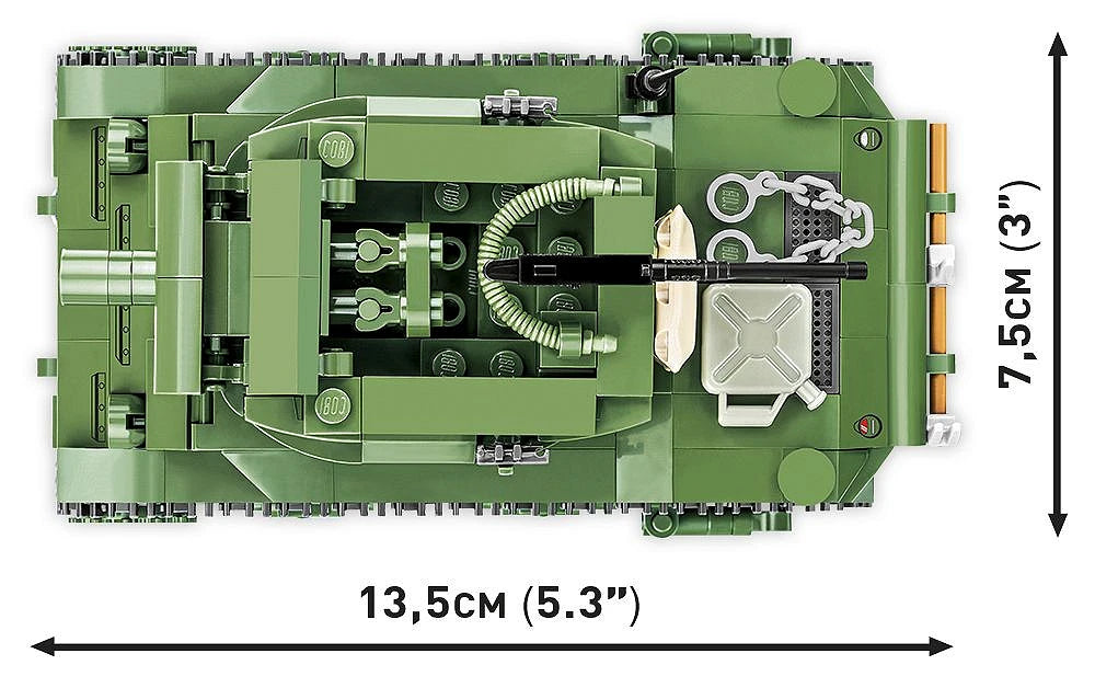 Top view of COBI H.M.C M8 Scott model showing 13.5 cm length and 7.5 cm width