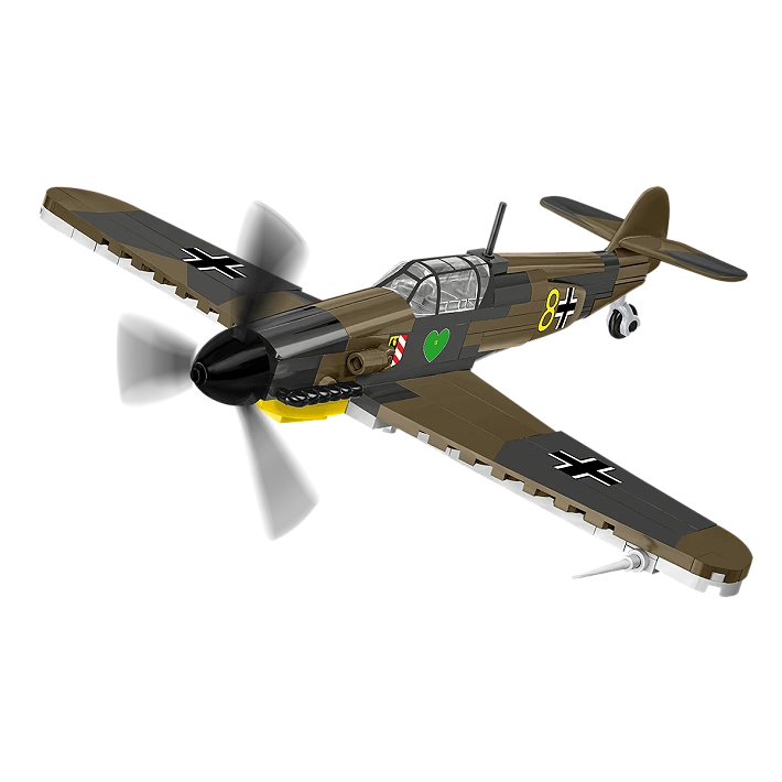 Brown and grey COBI Messerschmitt Bf-109F aircraft model shown from the front and side