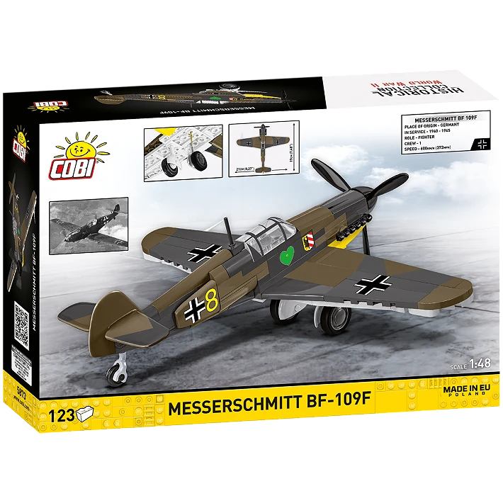 COBI Messerschmitt Bf-109F building set box shown from the back and side