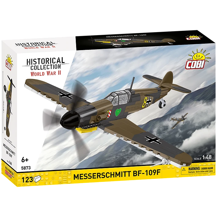 COBI Messerschmitt Bf-109F 123 piece building set box shown from the front and side