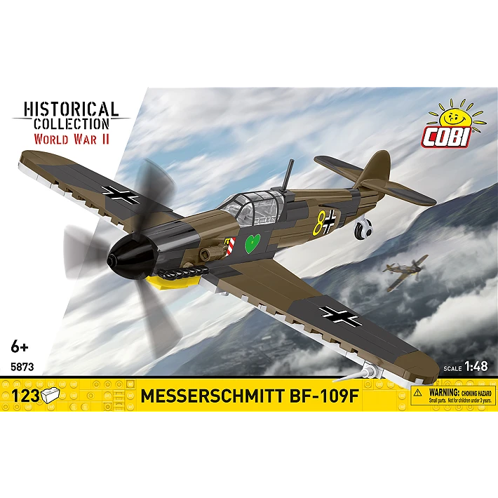 COBI Messerschmitt Bf-109F 123 piece building set front panel showing the brown and grey aircraft model in flight