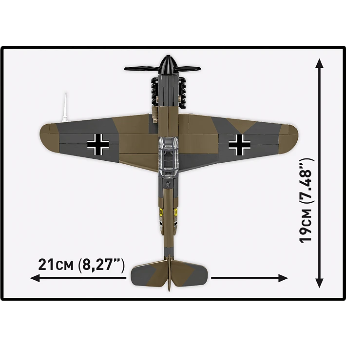 Top view of the COBI Messerschmitt Bf-109F model showing 21 cm wingspan and 19 cm length