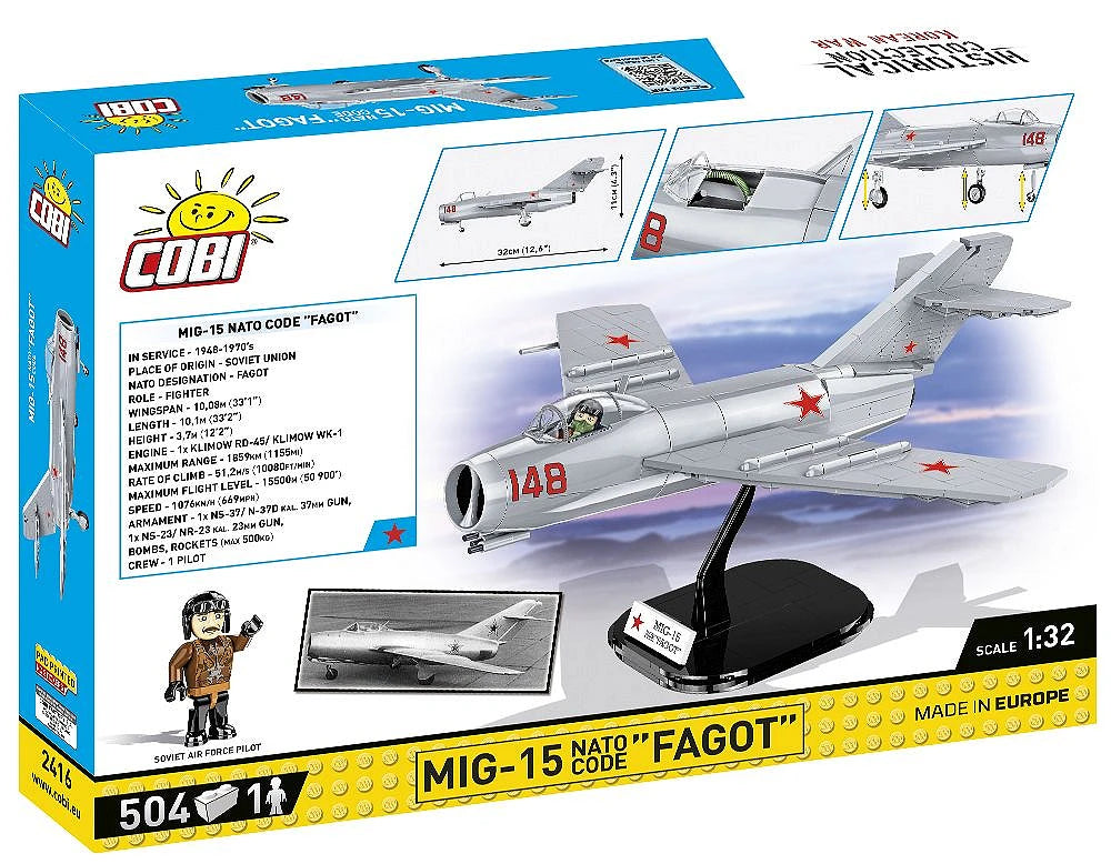 Angled back view of the COBI MiG-15 Fagot set box showing aircraft specifications and display stand