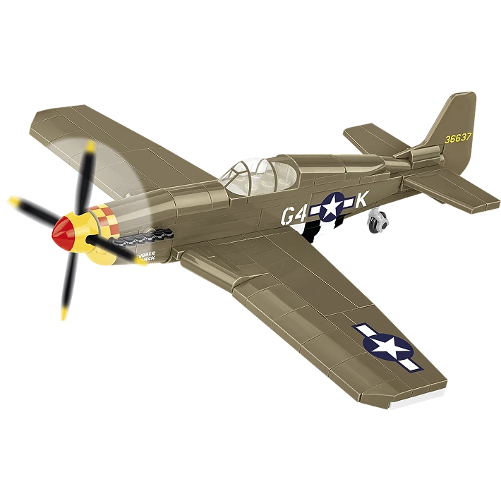 Olive green COBI Mustang P-51B aircraft model shown from the front and side