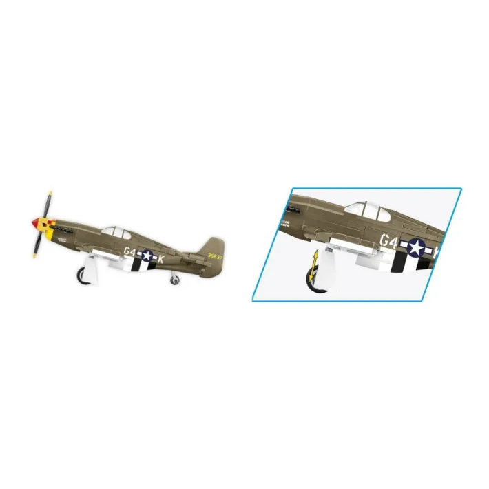 Side view of the COBI Mustang P-51B model with an inset showing the moving landing gear