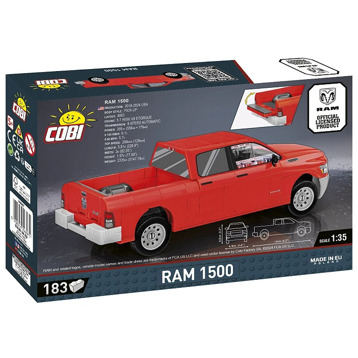 COBI RAM 1500 183 piece building set box showing the rear of the red pickup truck model