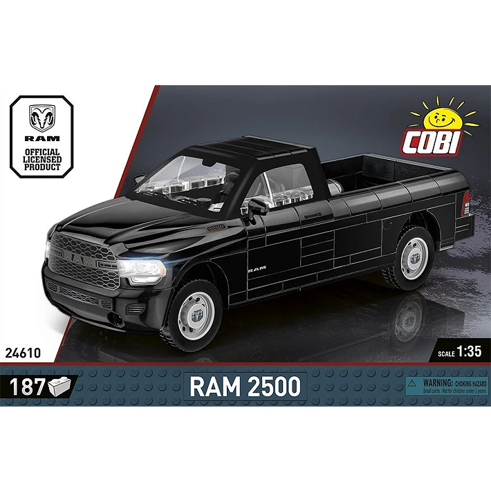 COBI RAM 2500 black pickup truck model shown from the rear with dimensions and opening tailgate detail