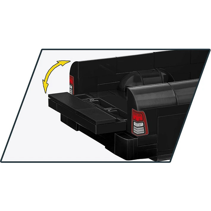 Close-up of the COBI RAM 2500 black pickup truck model with the tailgate lowered