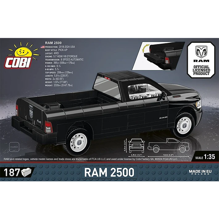 COBI RAM 2500 black pickup truck model shown from the rear with dimensions and opening tailgate detail