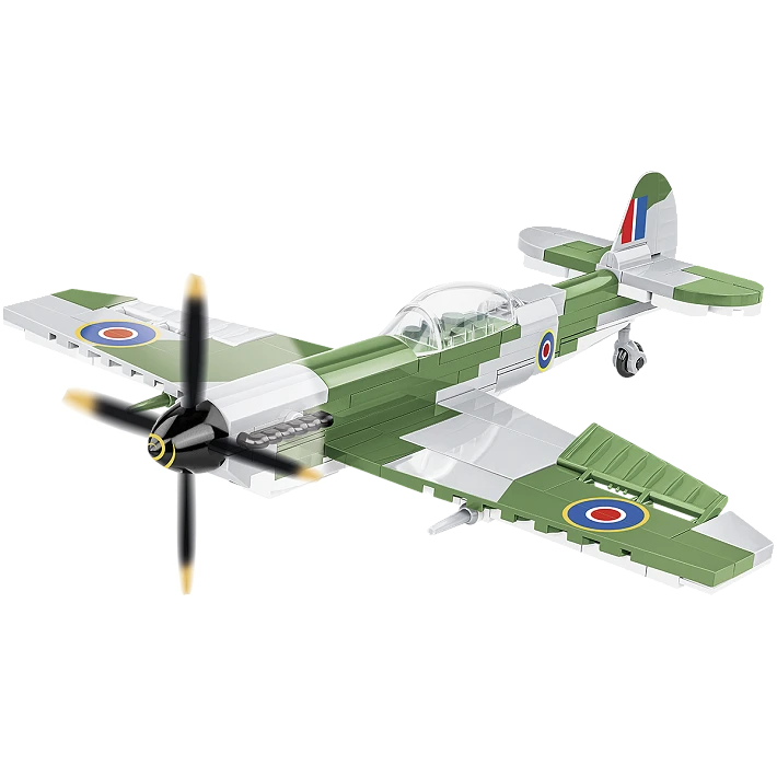 Green and grey COBI Spitfire Mk. XVI Bubbletop aircraft model shown from the front and side