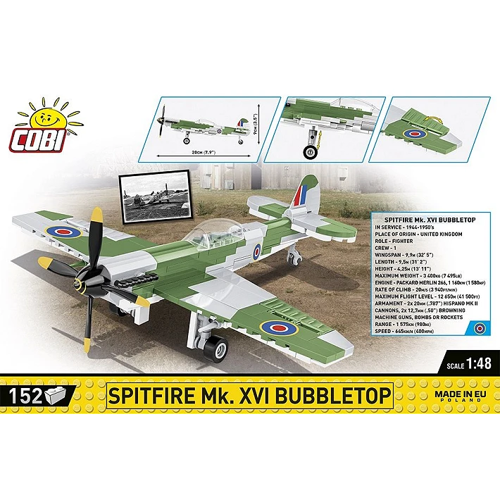 COBI Spitfire Mk. XVI Bubbletop 152 piece building set back panel showing the aircraft model, dimensions and moving features