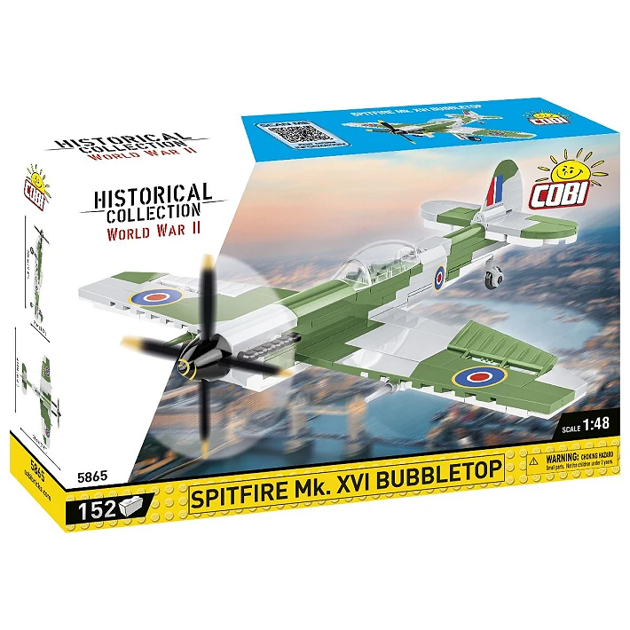 COBI Spitfire Mk. XVI Bubbletop 152 piece building set box shown from the front and side