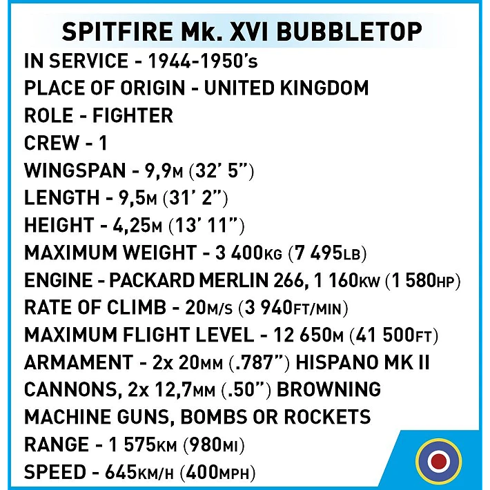 Spitfire Mk. XVI Bubbletop historical specification panel