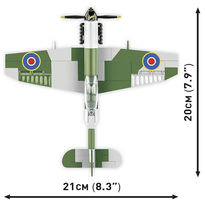 Top view of the COBI Spitfire Mk. XVI Bubbletop model showing 21 cm wingspan and 20 cm length