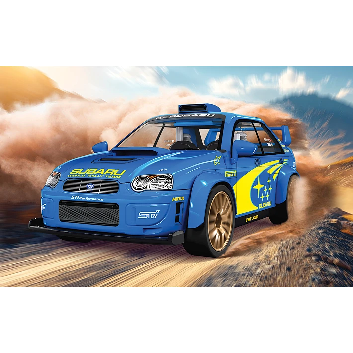 Blue COBI Subaru Impreza WRC 2003 rally car model driving on a dusty road