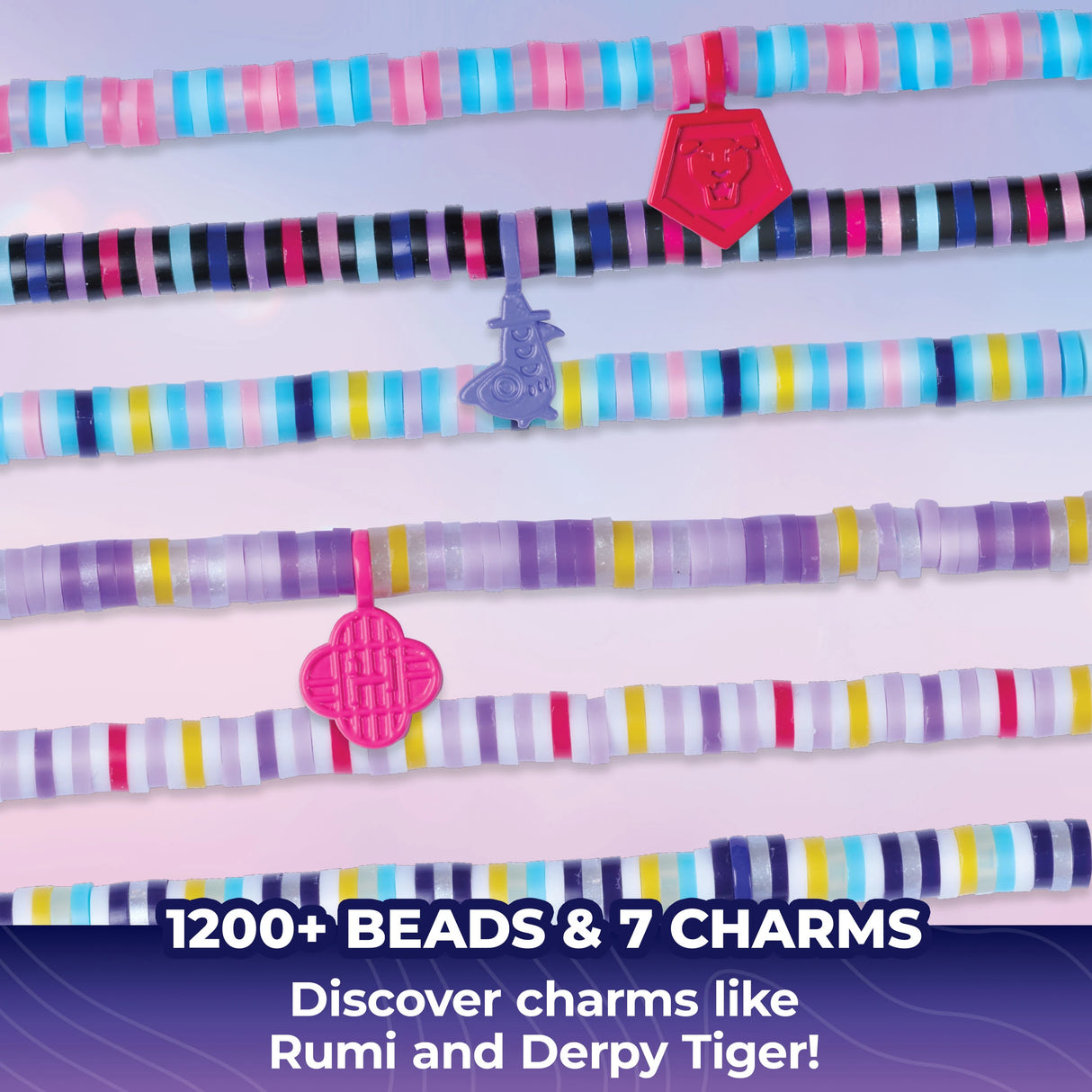 Six colourful beaded bracelets with red, grey and pink charms