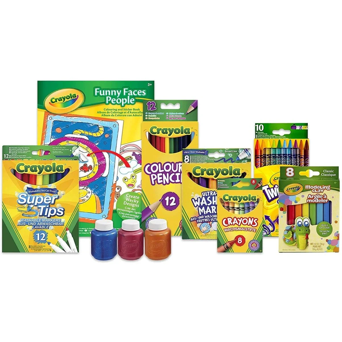Crayola Mega Activity Tub contents laid out including paints, markers, pencils – Ireland