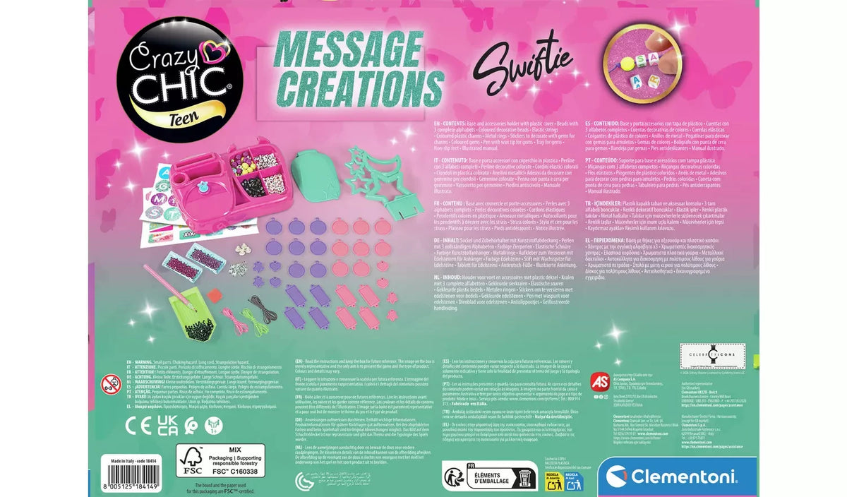 Back of the Clementoni Crazy Chic Message Creations retail box showing the kit contents, jewellery workstation, beads, cords, pendants, decorative stickers and multilingual product information.