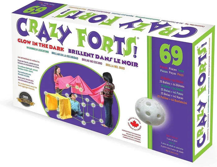 Side of the Crazy Forts box showing 69-piece count with 25 balls and 44 rods, plus multilingual glow in the dark labels.
