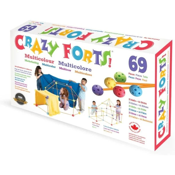 Crazy Forts Multi Coloured 69 piece kit packaging showing colourful connectors, orange rods and children building forts with fabric coverings.