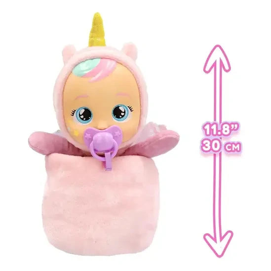 Cry Babies Luna wearing her pink unicorn outfit with yellow horn, purple dummy and turquoise eyes, beside a height measurement of 30cm.