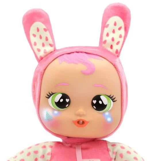 Cry Babies Meal Time Julie doll showing her illuminated crying tears and pink bunny outfit.