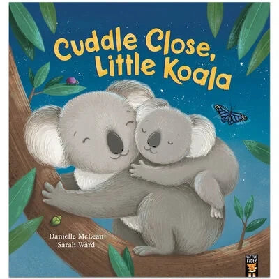 Cuddle Close Little Koala front cover with two koalas on a tree branch, leaves and butterfly