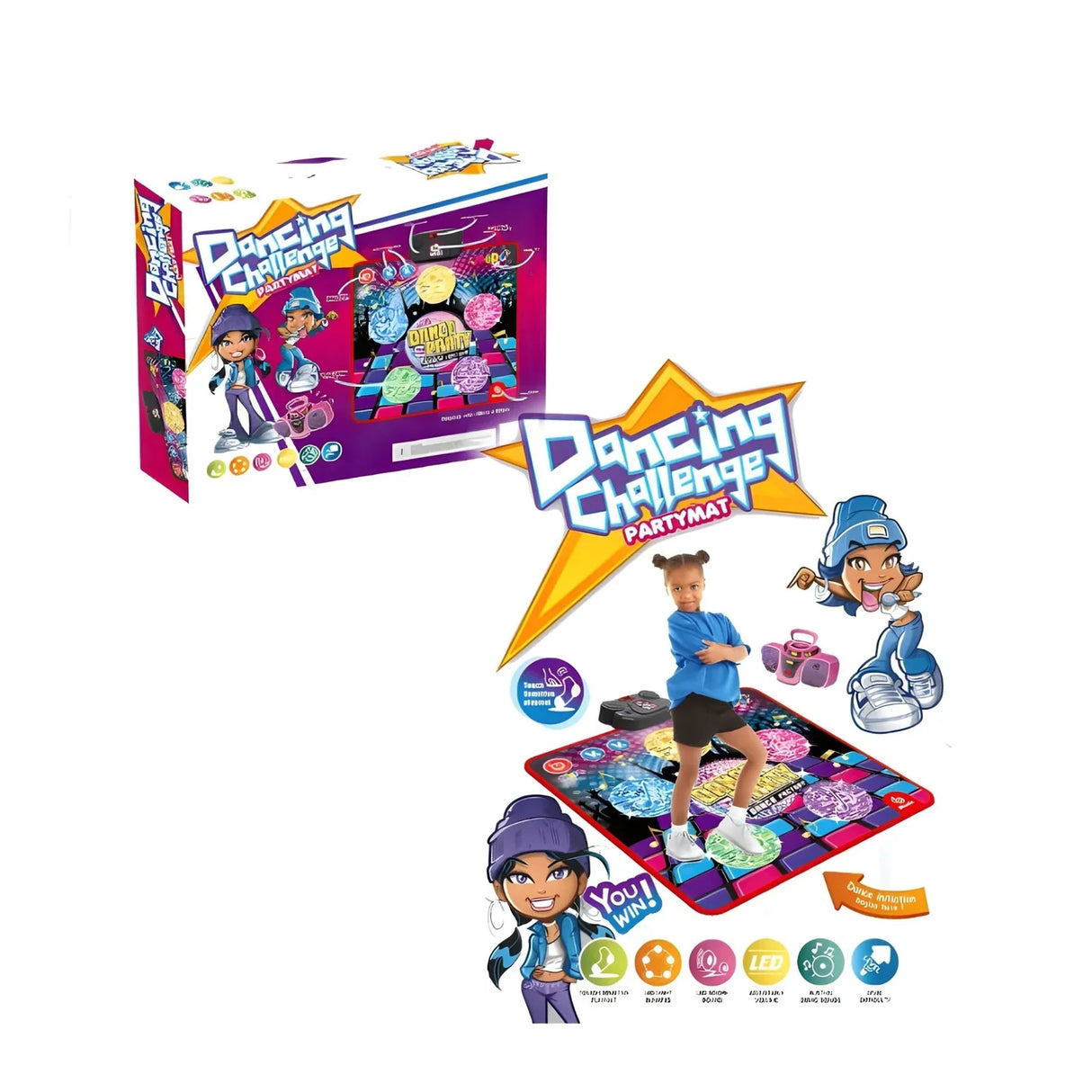 Dancing Challenge Partymat box and dance mat set with bright graphics, music icons and character artwork.