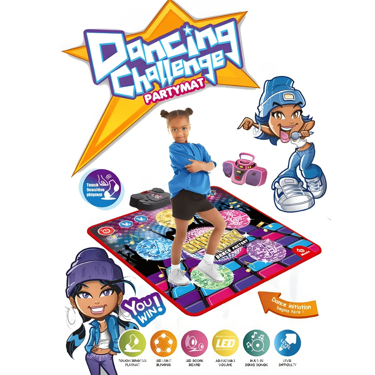 Child playing on the Dancing Challenge Partymat with cartoon characters and LED dance floor design.
