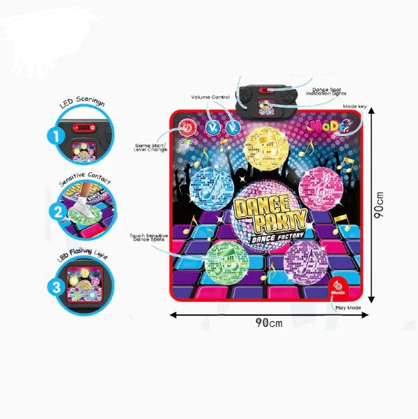 Top view of Dancing Challenge Partymat showing LED dance zones, buttons, and colourful game surface layout.