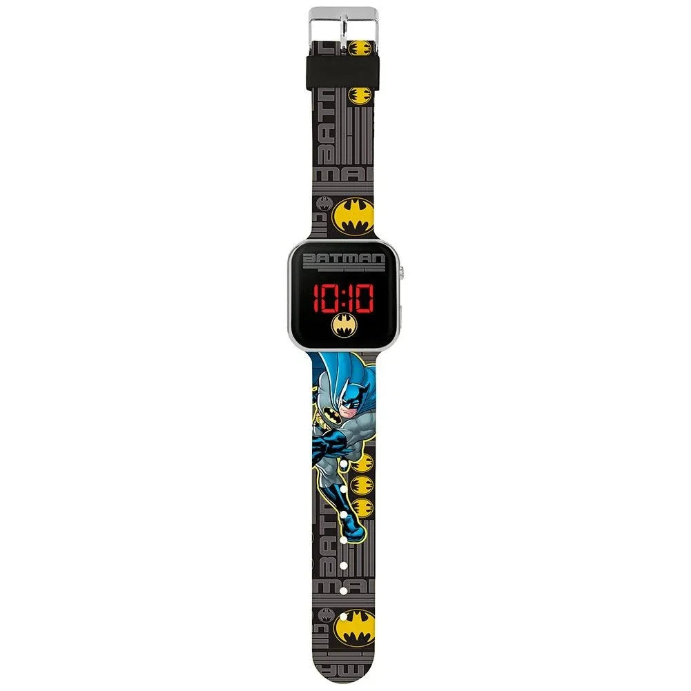 Full view of DC Batman LED watch showing black strap printed with classic yellow Batman logos and action art in Ireland.