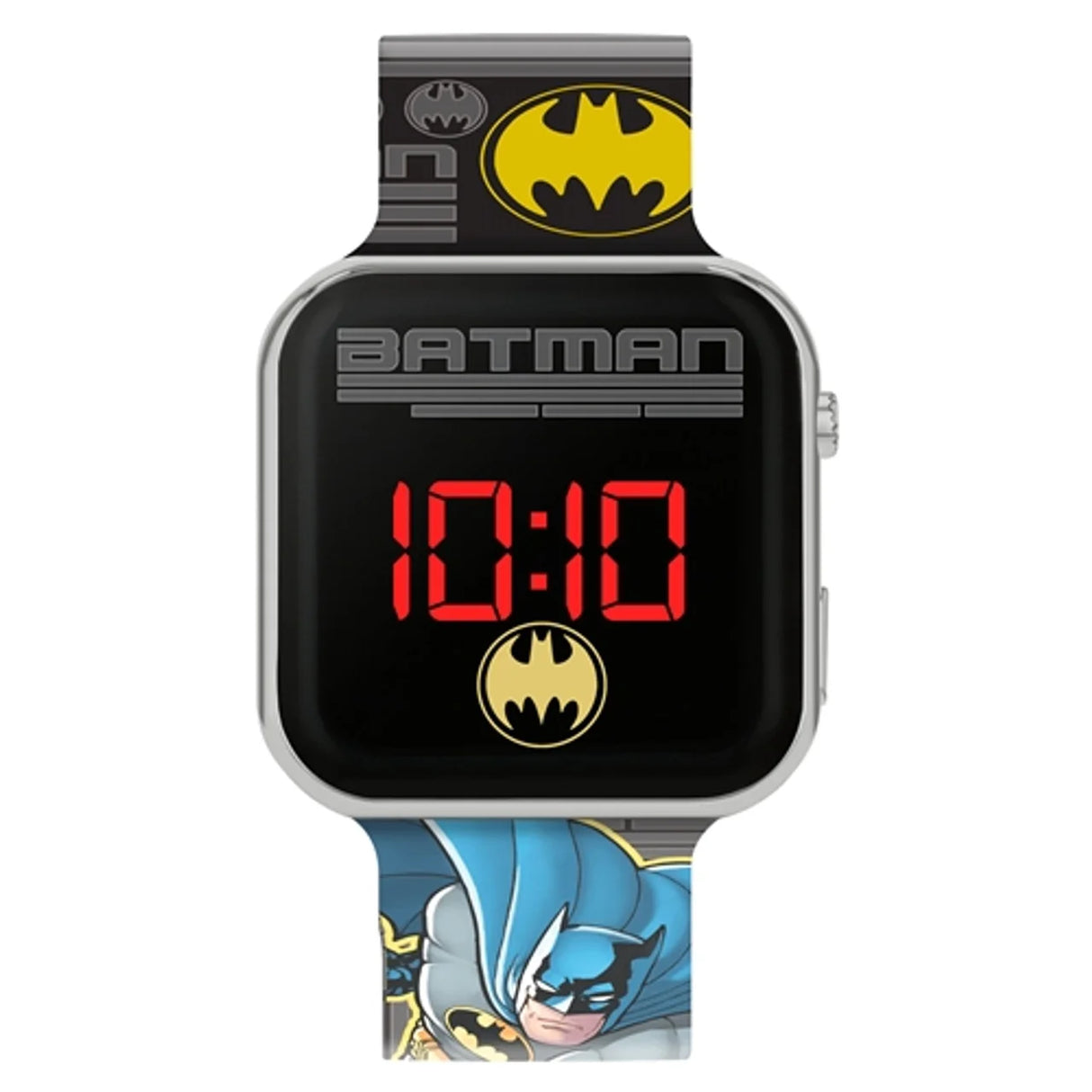 Close-up of DC Batman LED watch dial with bright red time display and iconic yellow Batman emblem in Ireland.