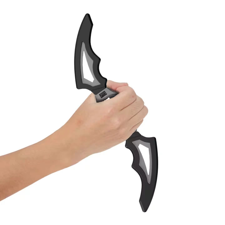 DC Premier Batlink Batarang held in hand with black bat shaped sections