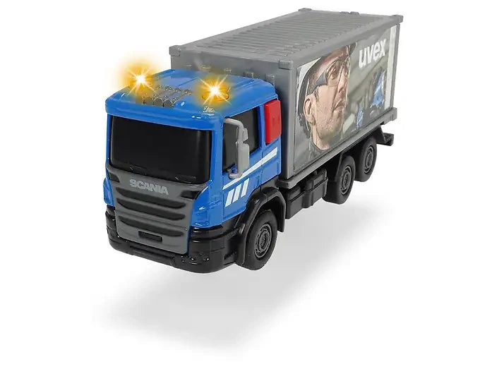 Blue Dickie Toys Scania City Team container truck with grey box body